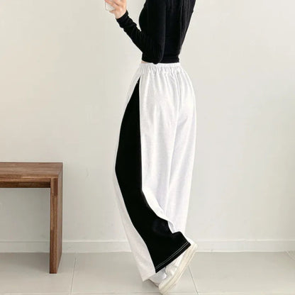 Korean Style Color-Block Wide-Leg Sweatpants (Optional Fleece Lining) | Womens High-Waist Straight Leg Casual Trousers