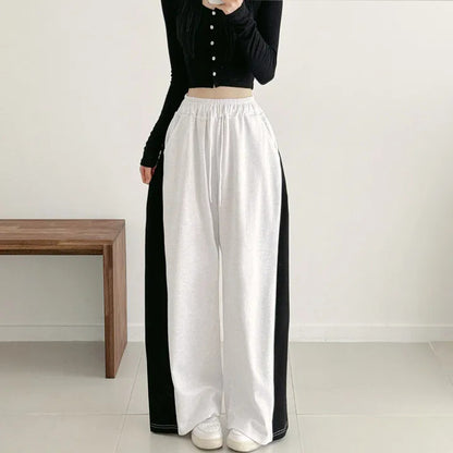 Korean Style Color-Block Wide-Leg Sweatpants (Optional Fleece Lining) | Womens High-Waist Straight Leg Casual Trousers