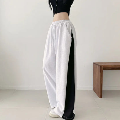 Korean Style Color-Block Wide-Leg Sweatpants (Optional Fleece Lining) | Womens High-Waist Straight Leg Casual Trousers