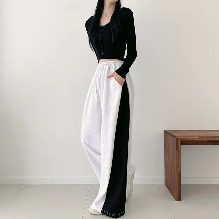 Korean Style Color-Block Wide-Leg Sweatpants (Optional Fleece Lining) | Womens High-Waist Straight Leg Casual Trousers