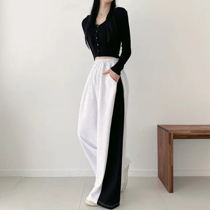 Korean Style Color-Block Wide-Leg Sweatpants (Optional Fleece Lining) | Womens High-Waist Straight Leg Casual Trousers