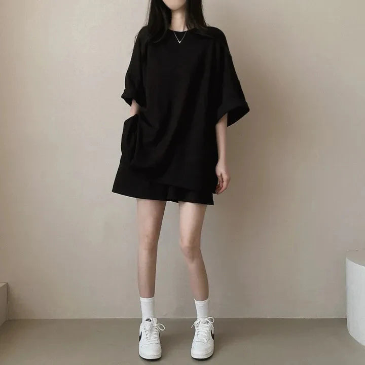 Korean style cotton athleisure suit, T-shirt & short-sleeved two pieces set
