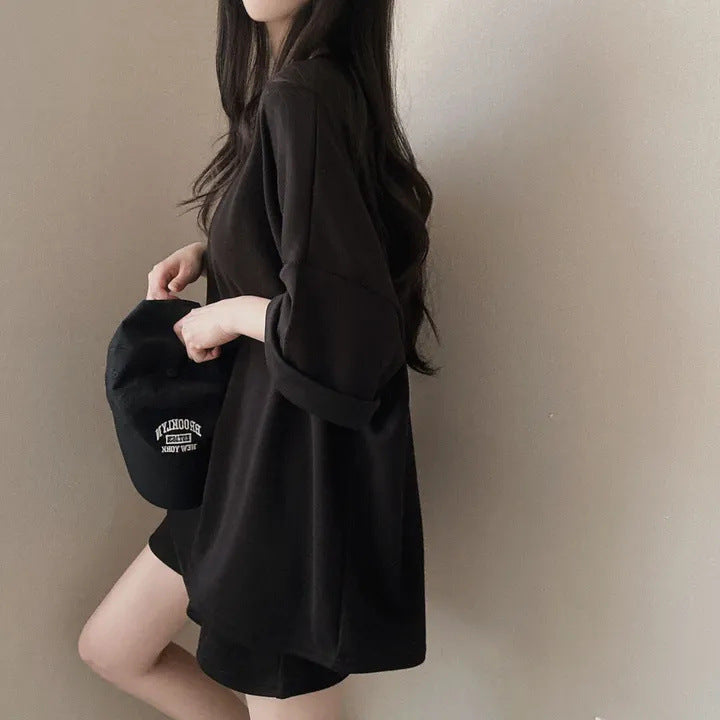 Korean style cotton athleisure suit, T-shirt & short-sleeved two pieces set