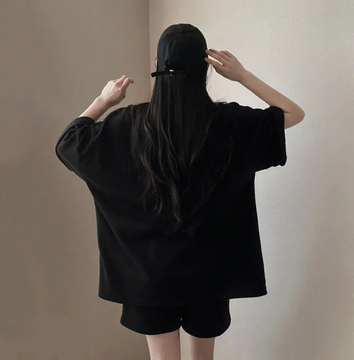 Korean style cotton athleisure suit, T-shirt & short-sleeved two pieces set
