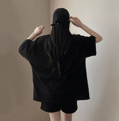 Korean style cotton athleisure suit, T-shirt & short-sleeved two pieces set