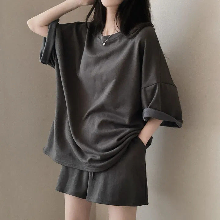 Korean style cotton athleisure suit, T-shirt & short-sleeved two pieces set