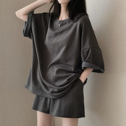 Korean style cotton athleisure suit, T-shirt & short-sleeved two pieces set