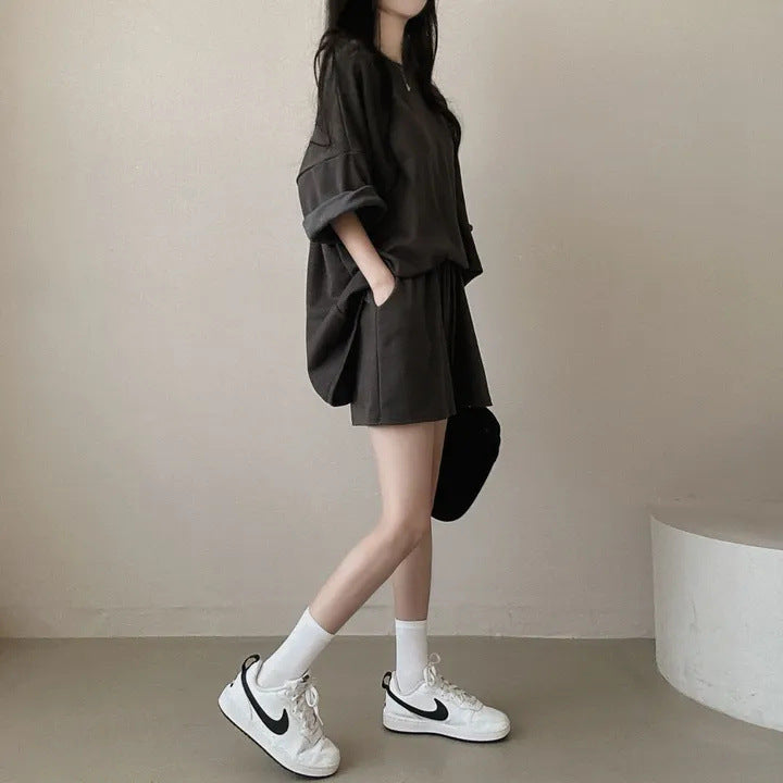 Korean style cotton athleisure suit, T-shirt & short-sleeved two pieces set