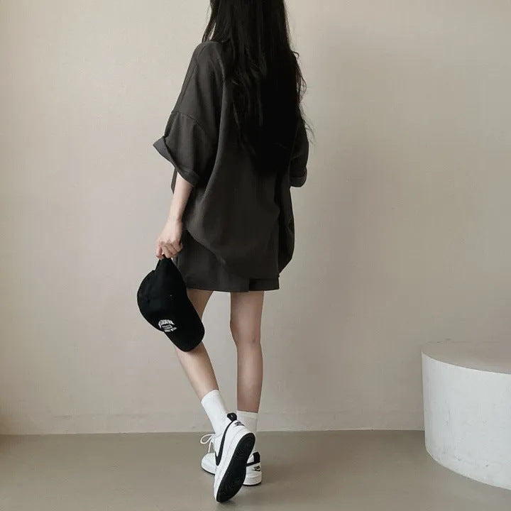 Korean style cotton athleisure suit, T-shirt & short-sleeved two pieces set