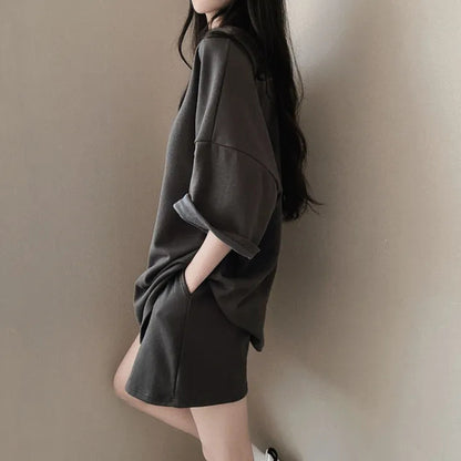 Korean style cotton athleisure suit, T-shirt & short-sleeved two pieces set