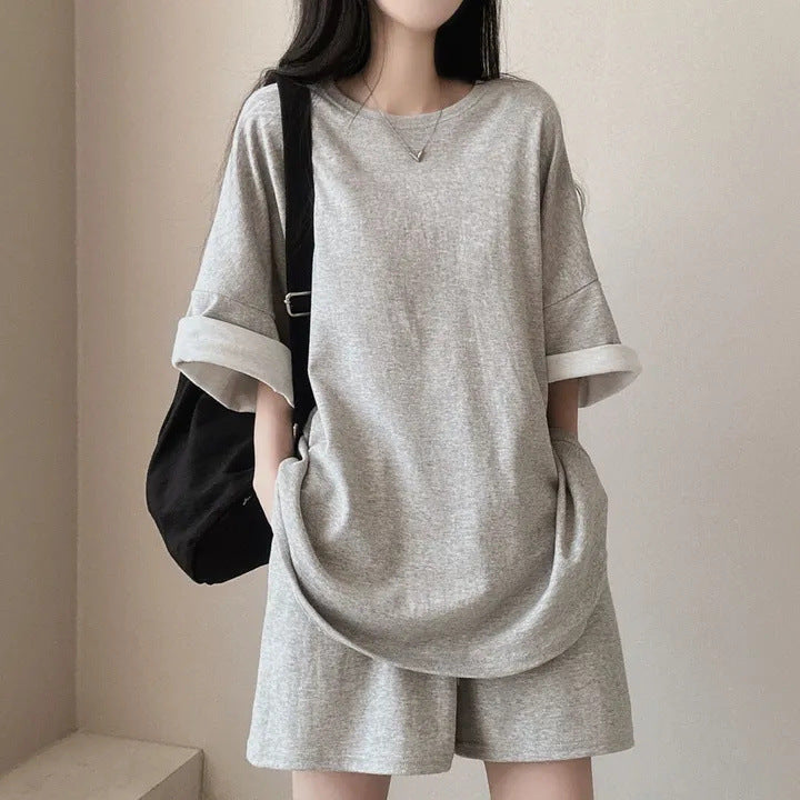 Korean style cotton athleisure suit, T-shirt & short-sleeved two pieces set