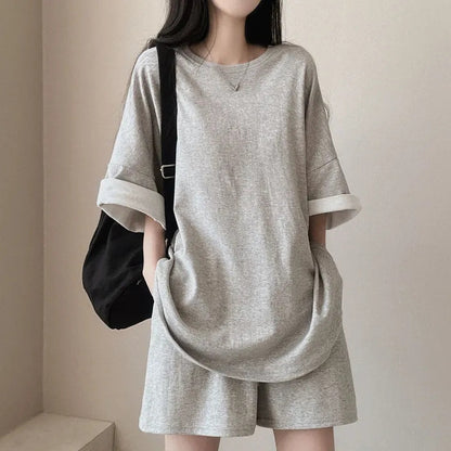 Korean style cotton athleisure suit, T-shirt & short-sleeved two pieces set