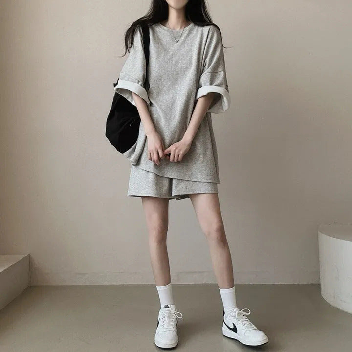 Korean style cotton athleisure suit, T-shirt & short-sleeved two pieces set
