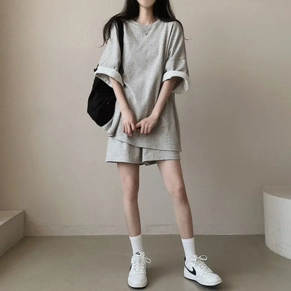Korean style cotton athleisure suit, T-shirt & short-sleeved two pieces set