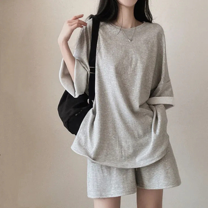Korean style cotton athleisure suit, T-shirt & short-sleeved two pieces set