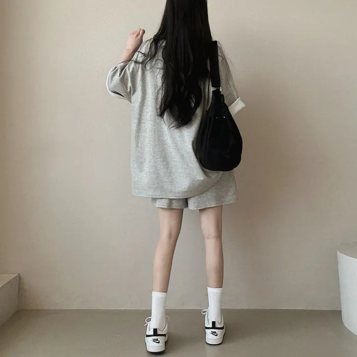 Korean style cotton athleisure suit, T-shirt & short-sleeved two pieces set