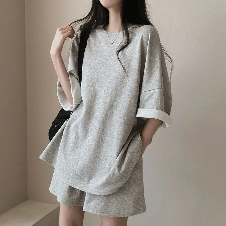 Korean style cotton athleisure suit, T-shirt & short-sleeved two pieces set