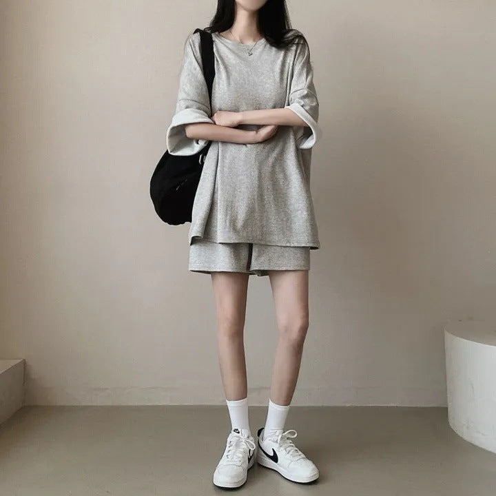 Korean style cotton athleisure suit, T-shirt & short-sleeved two pieces set
