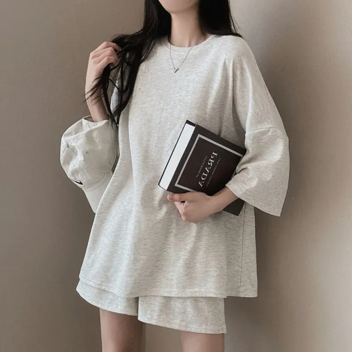 Korean style cotton athleisure suit, T-shirt & short-sleeved two pieces set