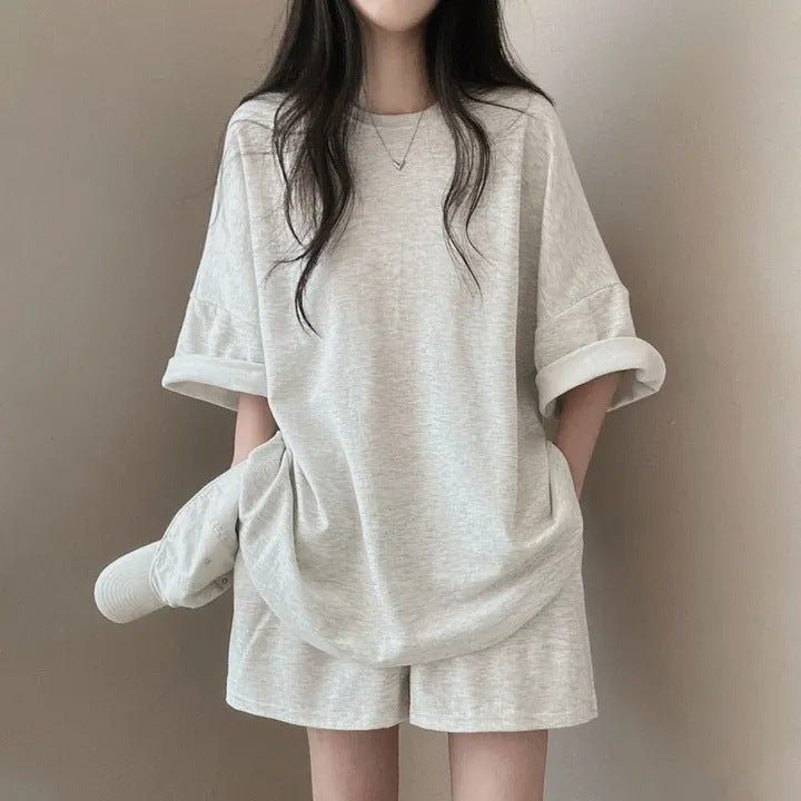 Korean style cotton athleisure suit, T-shirt & short-sleeved two pieces set