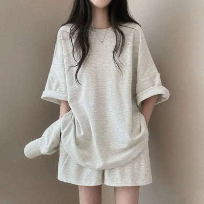 Korean style cotton athleisure suit, T-shirt & short-sleeved two pieces set