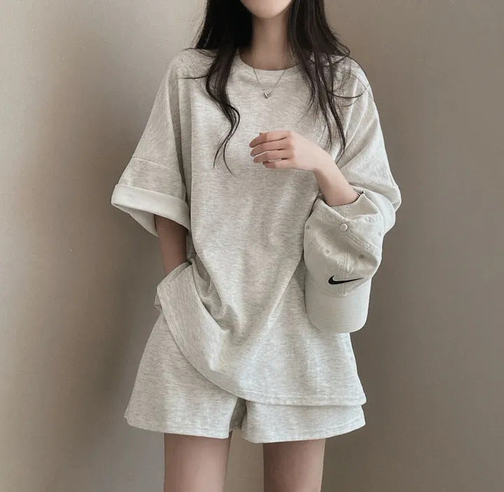 Korean style cotton athleisure suit, T-shirt & short-sleeved two pieces set