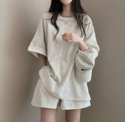 Korean style cotton athleisure suit, T-shirt & short-sleeved two pieces set
