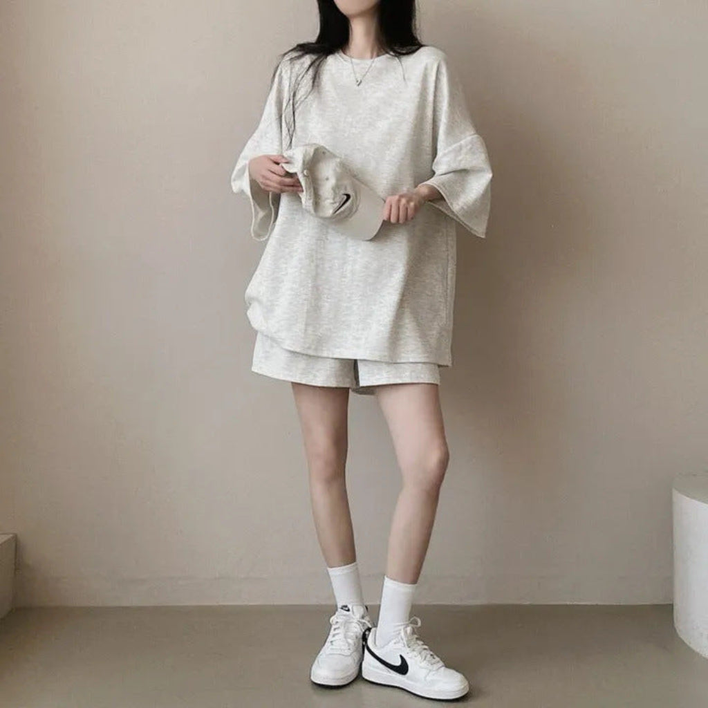 Korean style cotton athleisure suit, T-shirt & short-sleeved two pieces set