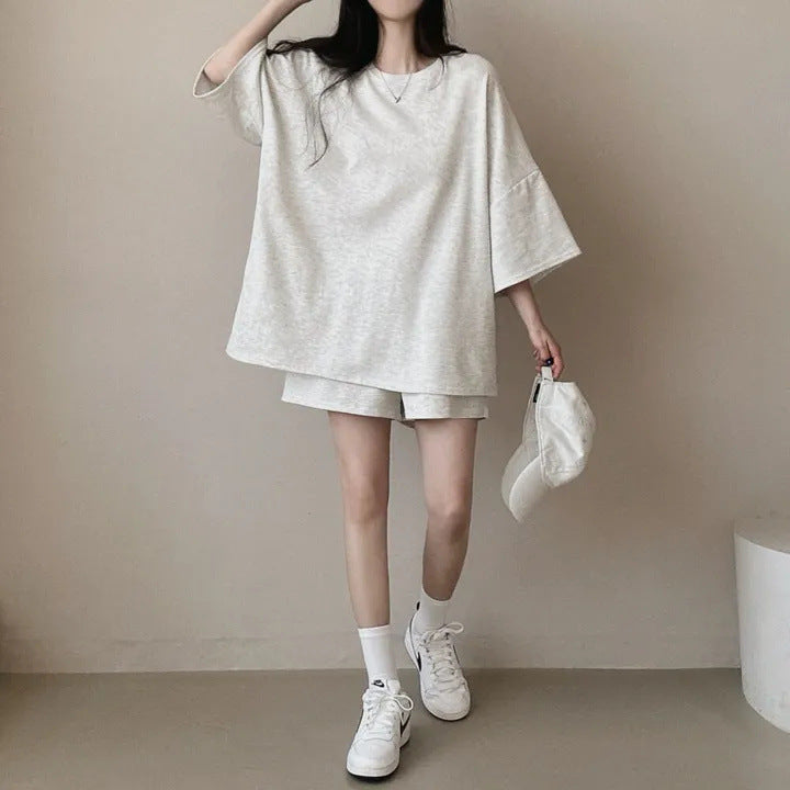 Korean style cotton athleisure suit, T-shirt & short-sleeved two pieces set