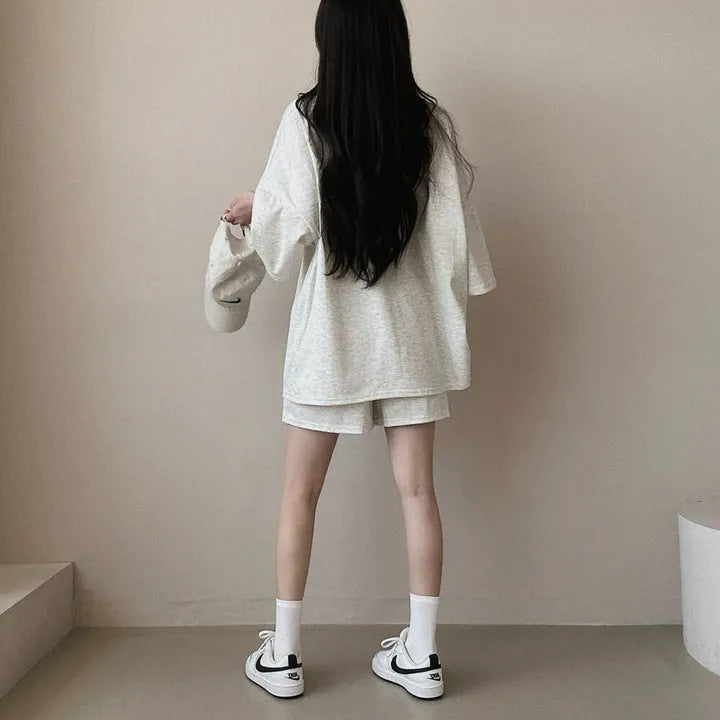 Korean style cotton athleisure suit, T-shirt & short-sleeved two pieces set