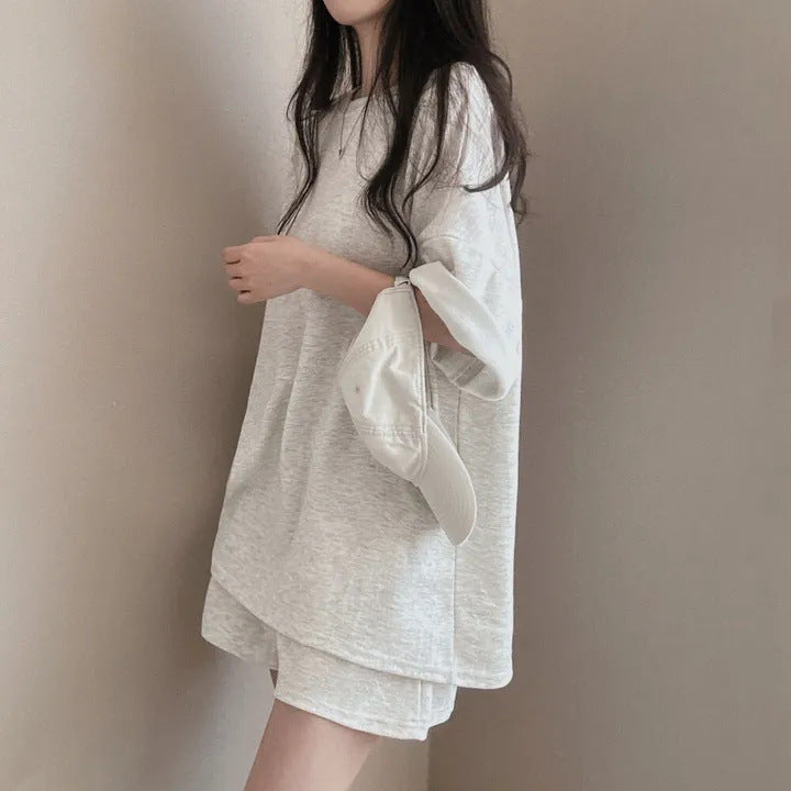 Korean style cotton athleisure suit, T-shirt & short-sleeved two pieces set