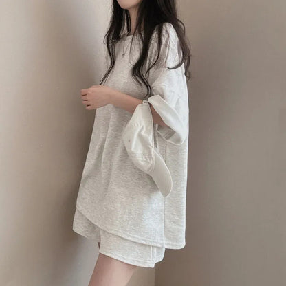 Korean style cotton athleisure suit, T-shirt & short-sleeved two pieces set