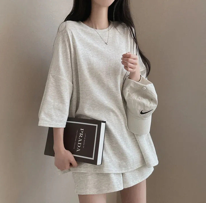 Korean style cotton athleisure suit, T-shirt & short-sleeved two pieces set
