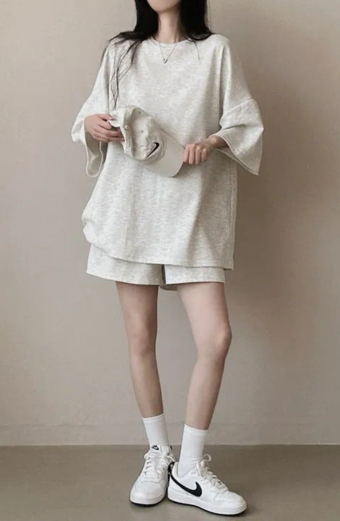 Korean style cotton athleisure suit, T-shirt & short-sleeved two pieces set