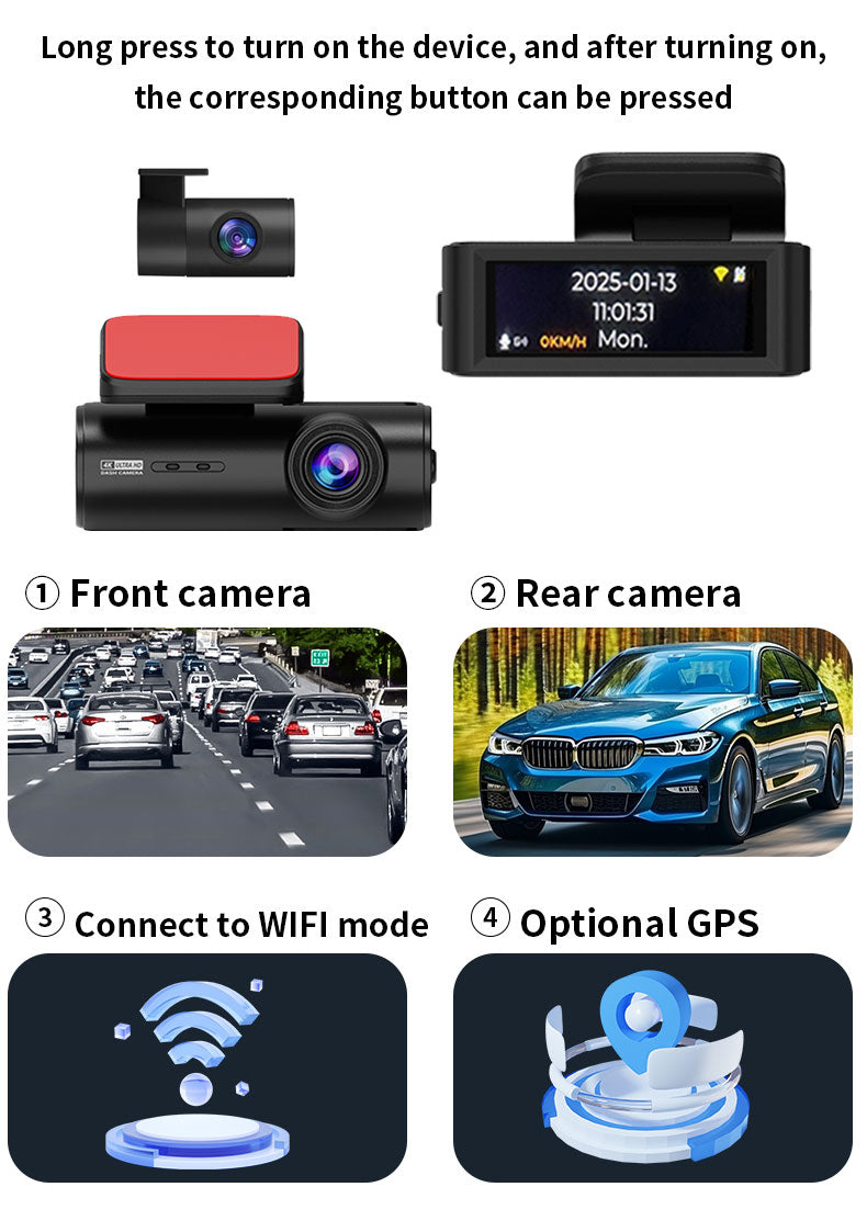 4K 星光夜視雙鏡頭行車記錄儀，配備3吋顯示器、Wi-Fi、手機應用程式、GPS 和停車監控 - L318