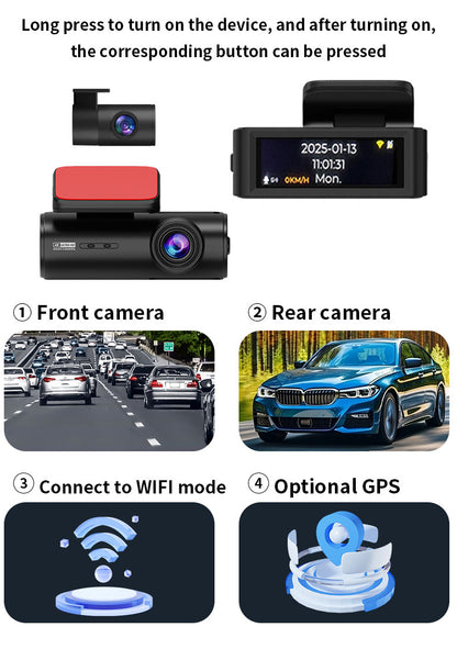 4K 星光夜視雙鏡頭行車記錄儀，配備3吋顯示器、Wi-Fi、手機應用程式、GPS 和停車監控 - L318