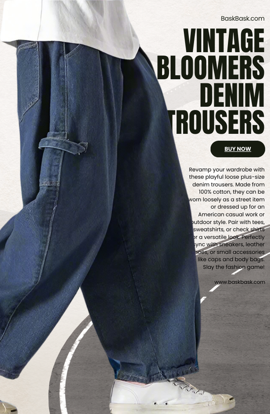 Loose plus-size denim trousers, dark blue vintage wide-legged bloomers
