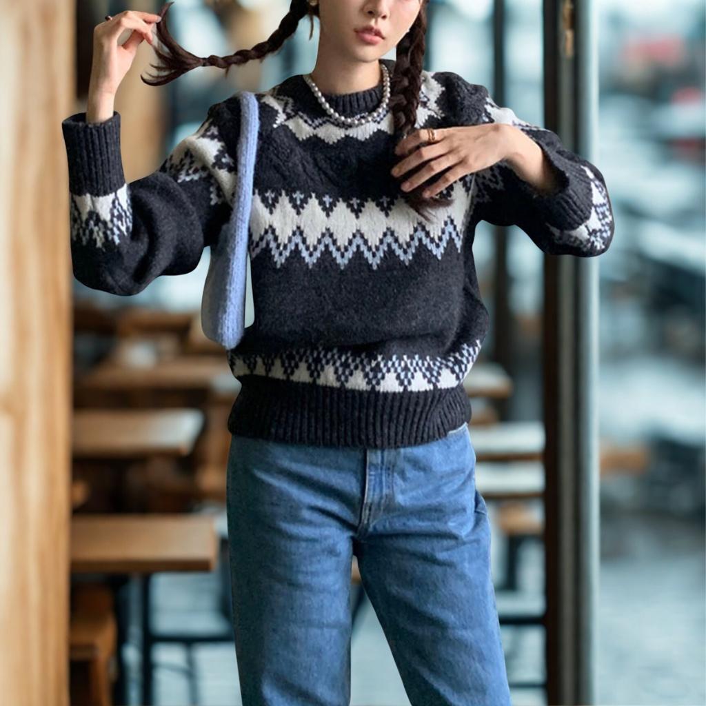 Nordic Fair Isle Pattern Crewneck Sweater - Korean Loose Fit