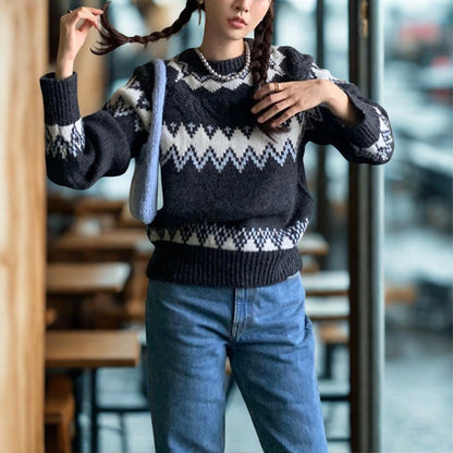 Nordic Fair Isle Pattern Crewneck Sweater - Korean Loose Fit