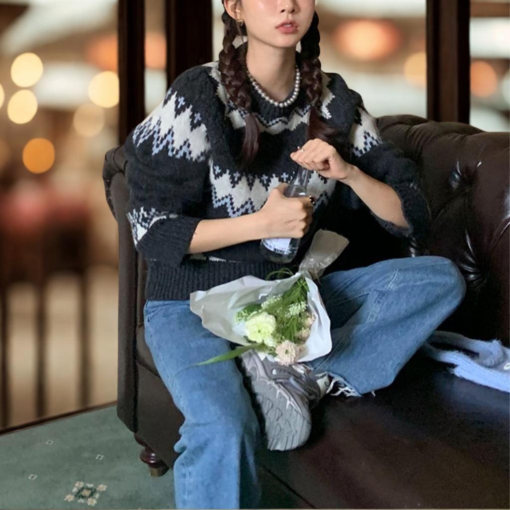 Nordic Fair Isle Pattern Crewneck Sweater - Korean Loose Fit