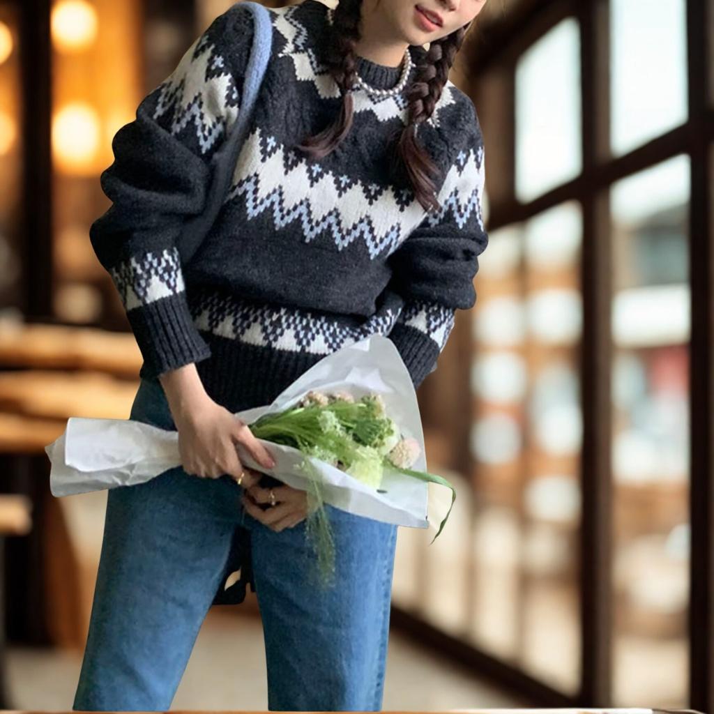 Nordic Fair Isle Pattern Crewneck Sweater - Korean Loose Fit