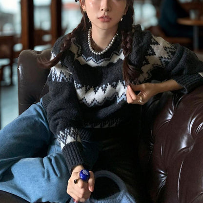 Nordic Fair Isle Pattern Crewneck Sweater - Korean Loose Fit