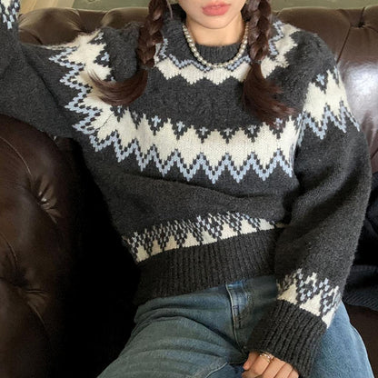 Nordic Fair Isle Pattern Crewneck Sweater - Korean Loose Fit