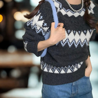 Nordic Fair Isle Pattern Crewneck Sweater - Korean Loose Fit