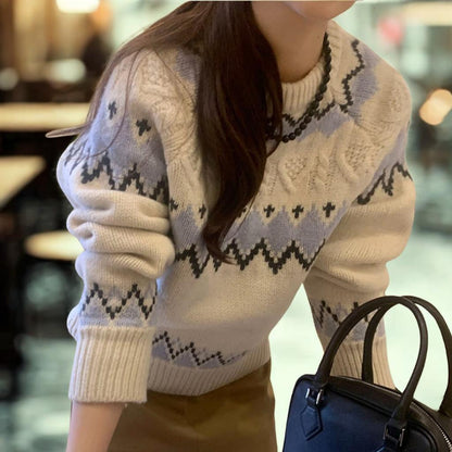 Nordic Fair Isle Pattern Crewneck Sweater - Korean Loose Fit