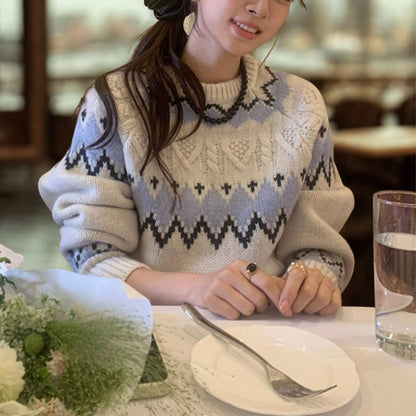 Nordic Fair Isle Pattern Crewneck Sweater - Korean Loose Fit