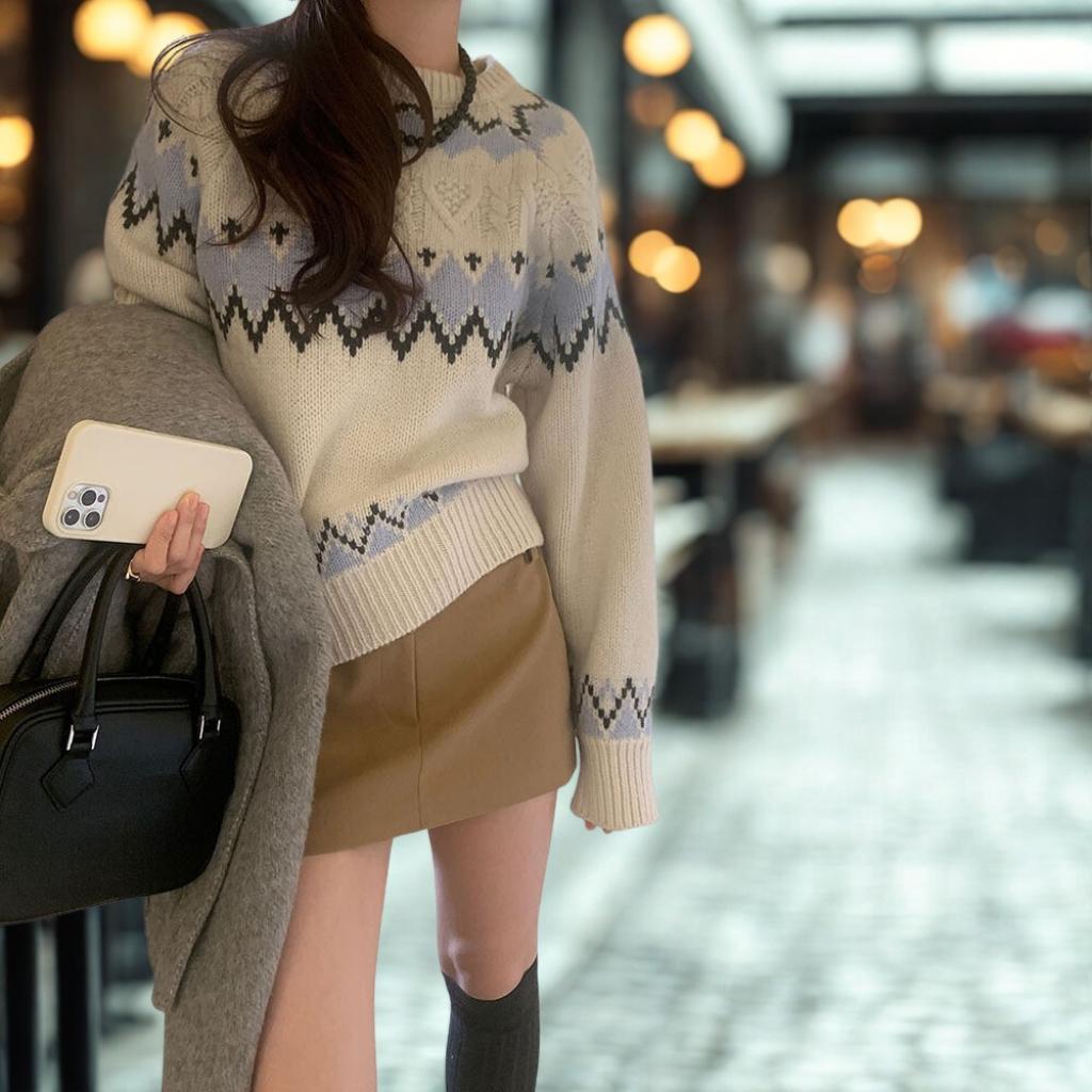 Nordic Fair Isle Pattern Crewneck Sweater - Korean Loose Fit