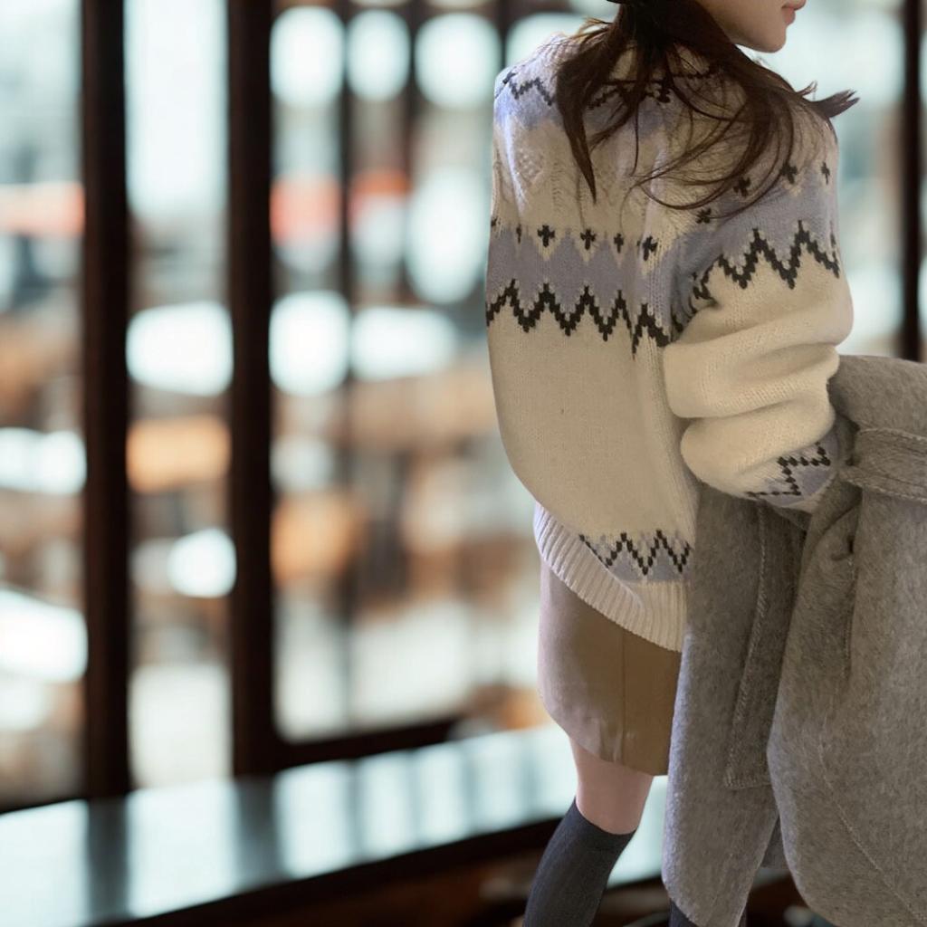 Nordic Fair Isle Pattern Crewneck Sweater - Korean Loose Fit