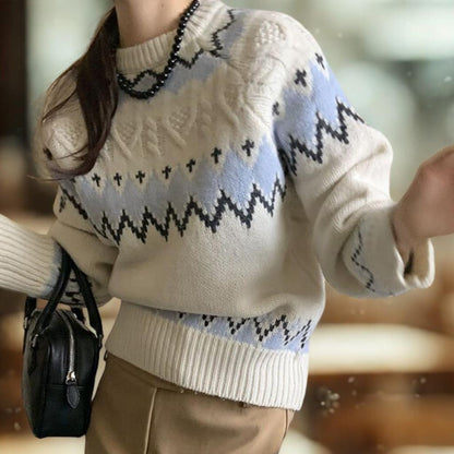 Nordic Fair Isle Pattern Crewneck Sweater - Korean Loose Fit