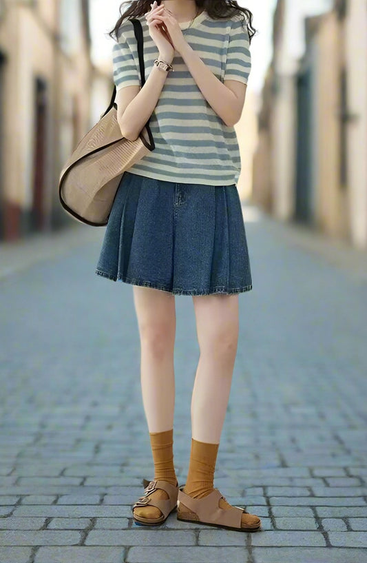女款高腰A字褶皺牛仔裙/裙褲